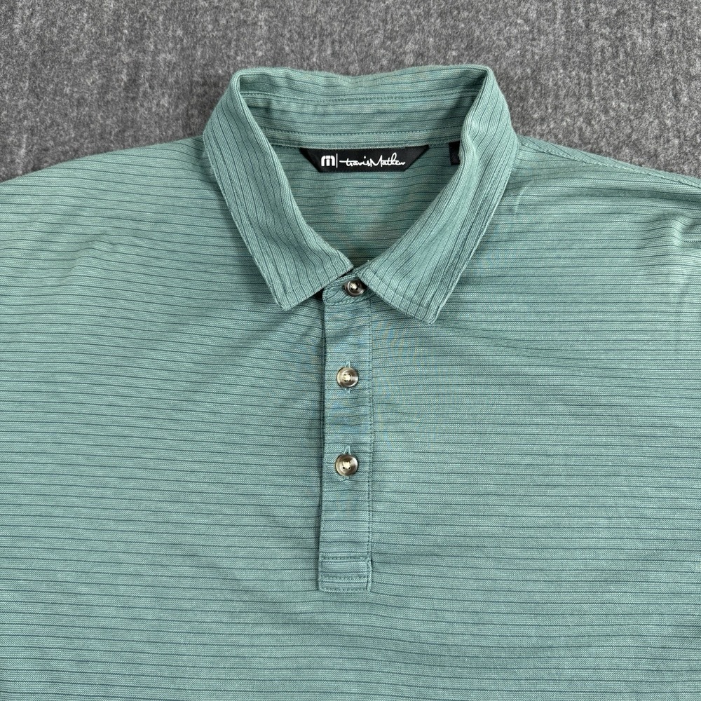 TravisMathew Men's L Golf Polo Shirt Green Striped Bottle Flag Logo Performance